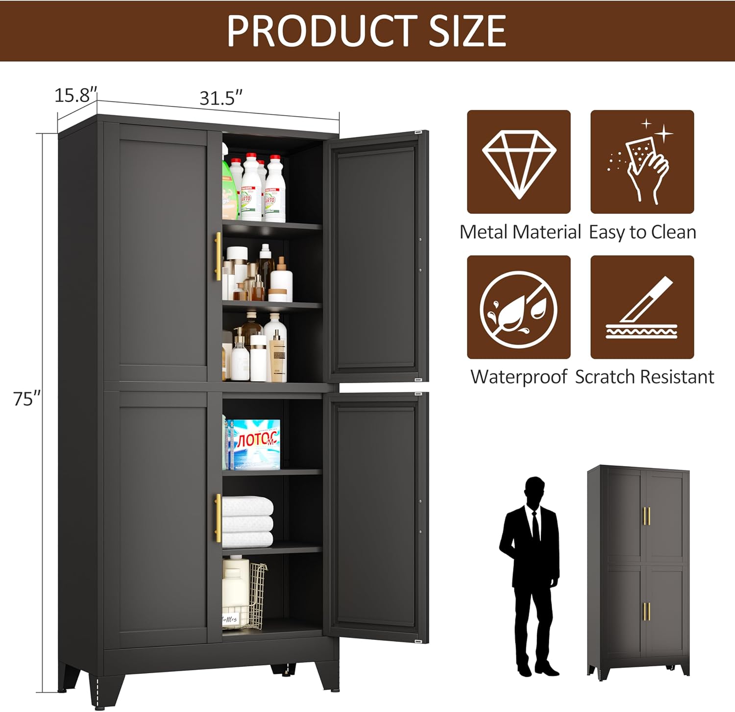 75" H Tall Metal Storage Cabinet with 4 Doors, Metal Kitchen Pantry Cabinet with 4 Adjustable Shelves, Freestanding Cupboard for Kitchen Dining Room Living Room Bathroom (Black)