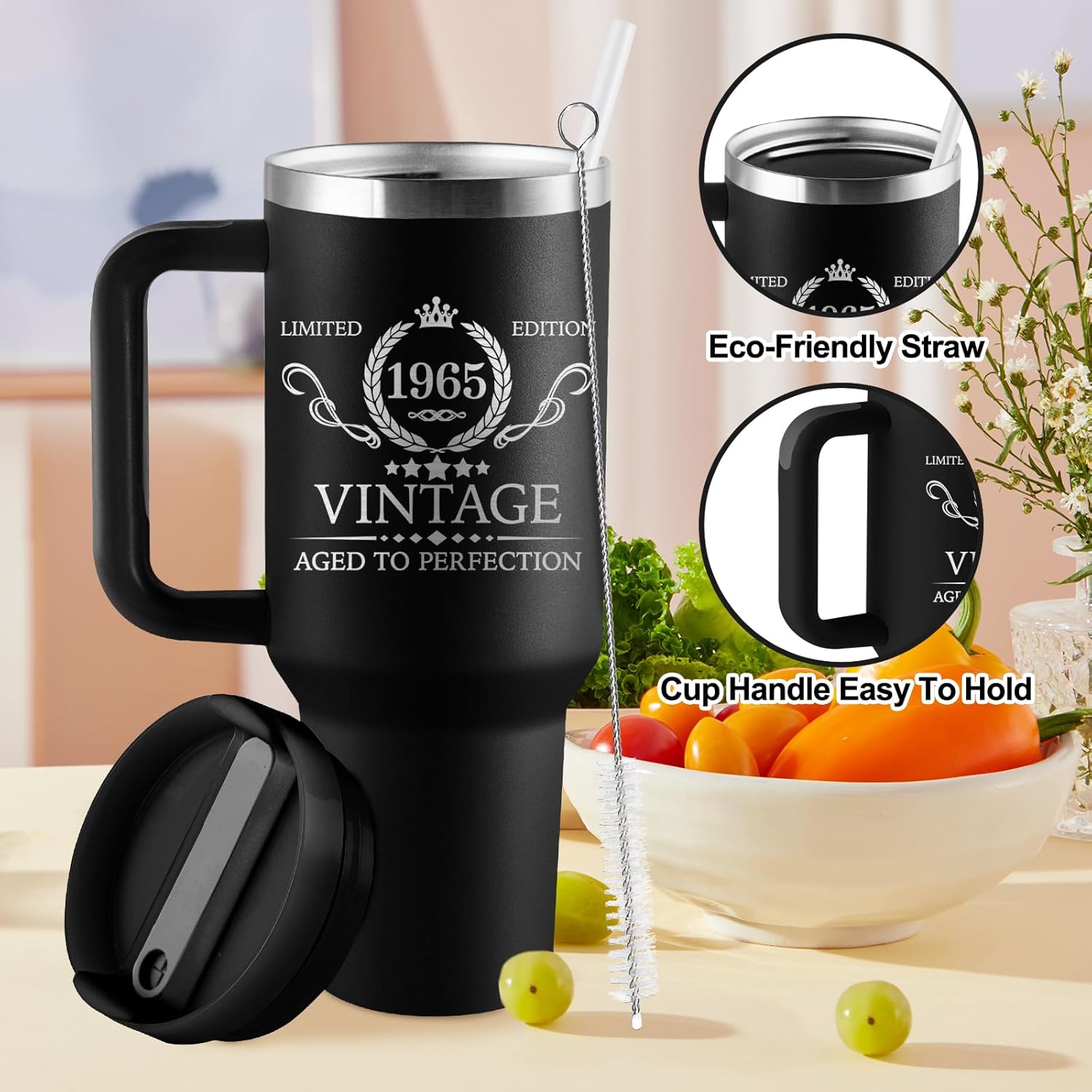 60th Birthday Gifts for Men - 60th Birthday Decorations for Men - 60 Year Old Birthday Gift for Man - 1965 Birthday Gift ideas - 40oz Travel Cup Insulated Tumbler with Handle & Straw - Image 4