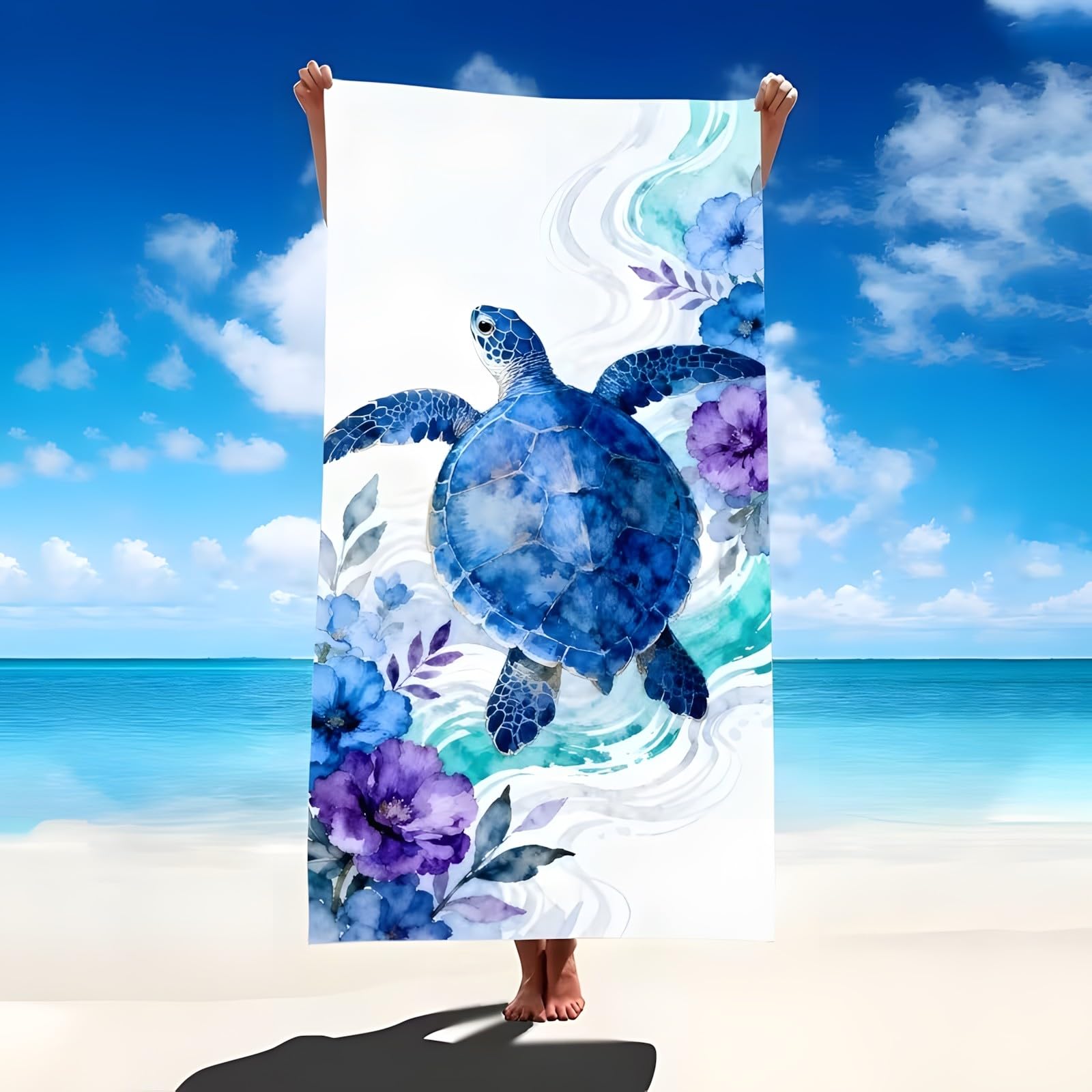 YZQGLHP Sea Turtle Microfibre Beach Towel Flowers Beach Bath Towel Quick Drying, Lightweight, Sand-Free, Durable, for Pool, Gym, Camping, Travel Towel 90x160cm