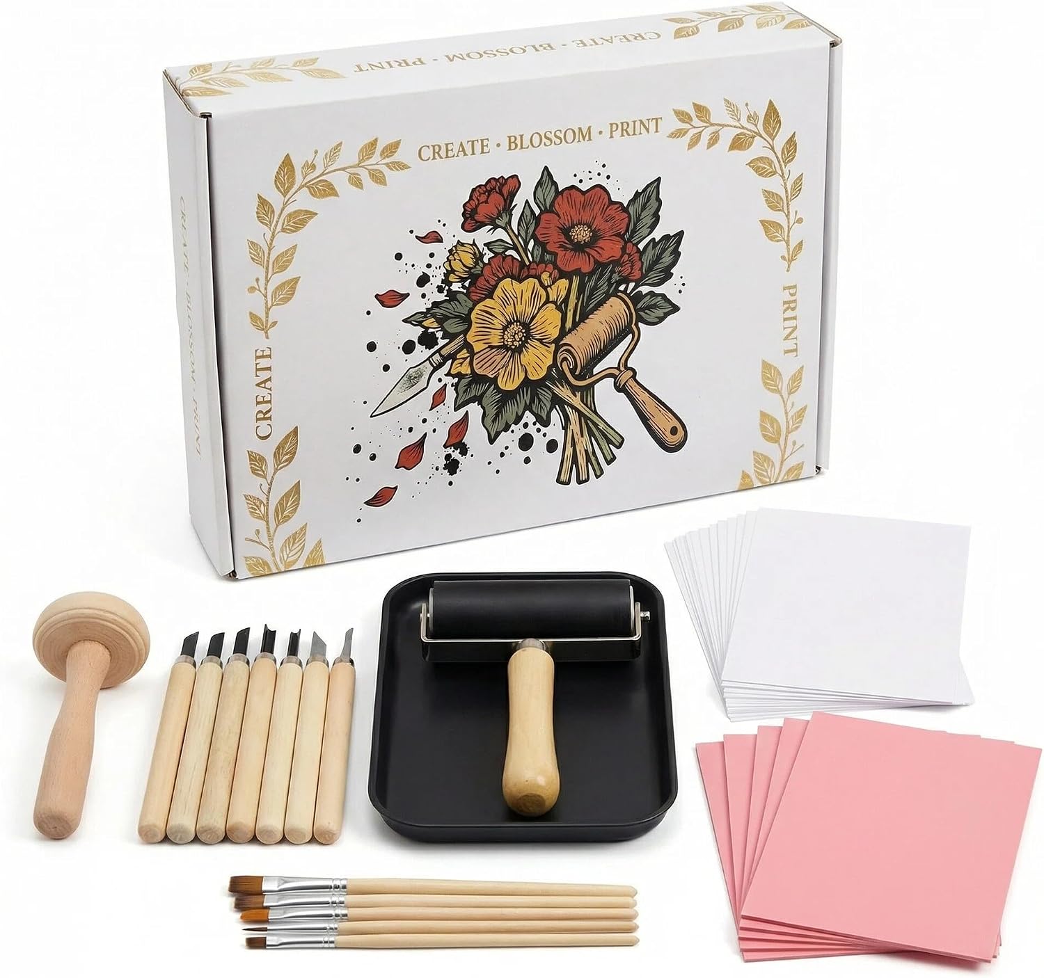 Lnncdsc Linocut Kit for Beginners & Adults – Complete Block Printing Supplies with Carving Tools, Brayer, 5 Pack 4×6 inch Linoleum Blocks for DIY Stamp Making, Home Art Projects, Classroom Crafts.