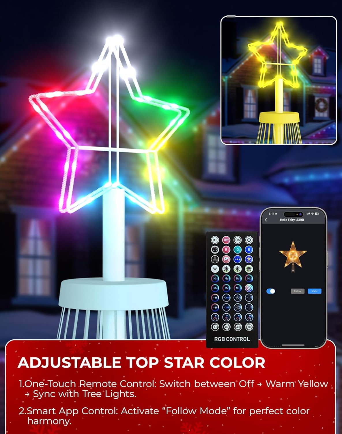 Close-up of the adjustable top star with remote and app controls