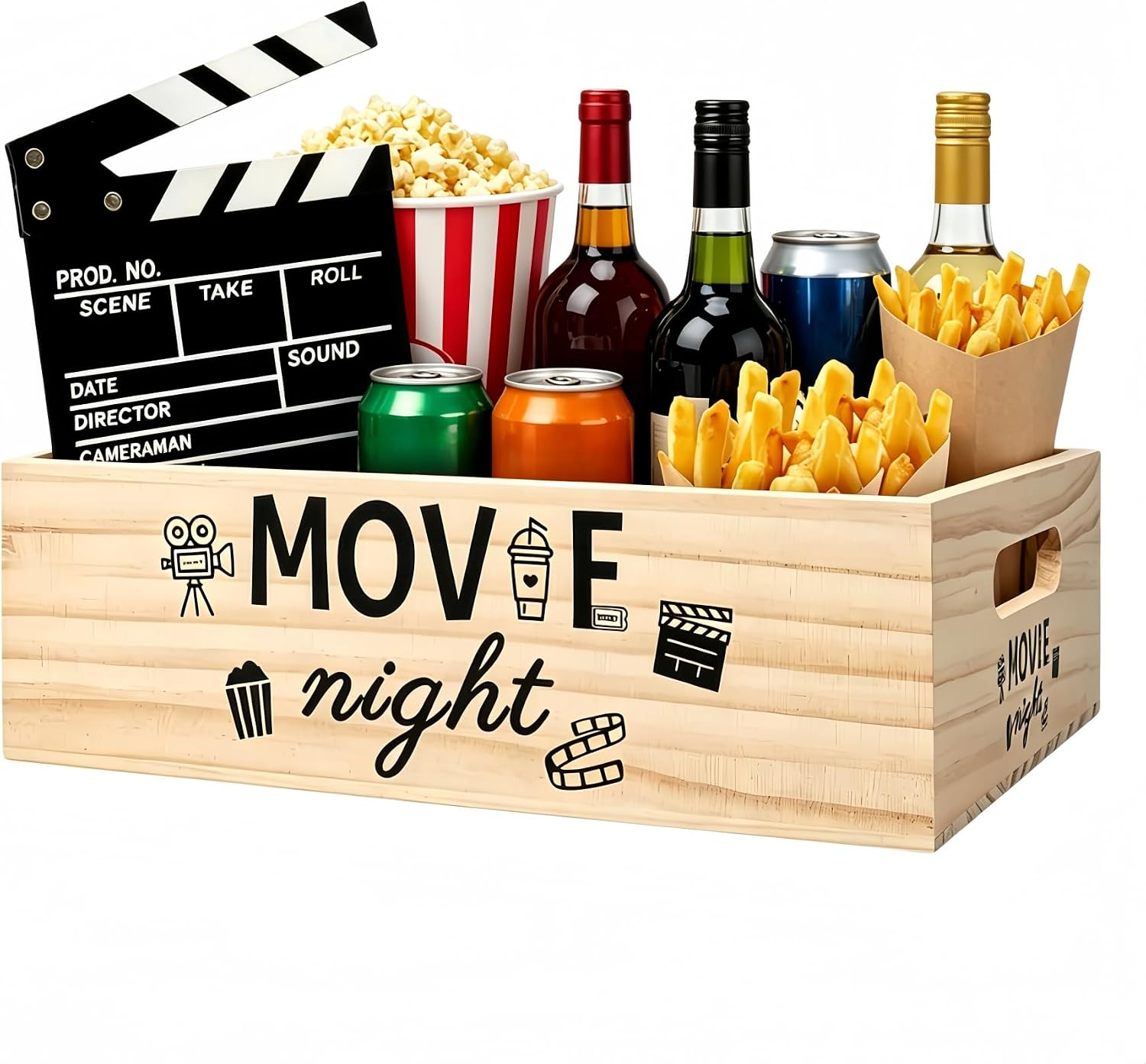 Wooden Movie Night Snack Tray with 3 Compartments, Movie Film Clapboard, Popcorn Bucket Bowl Box Organizer for Theater Room Decor, Gift Basket for Family Movie Night Holiday Parties