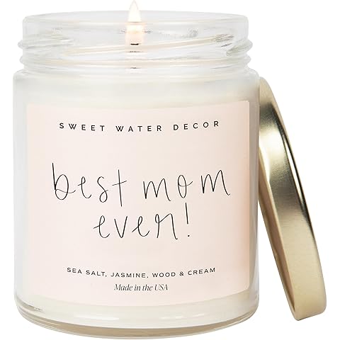 Sweet Water Decor, Best Mom Ever Candle - Sea Salt, Jasmine, Cream, and Wood Scented Soy Wax Candle for Mom - 9oz Clear Jar, 40 Hour Burn Time, Made in The USA