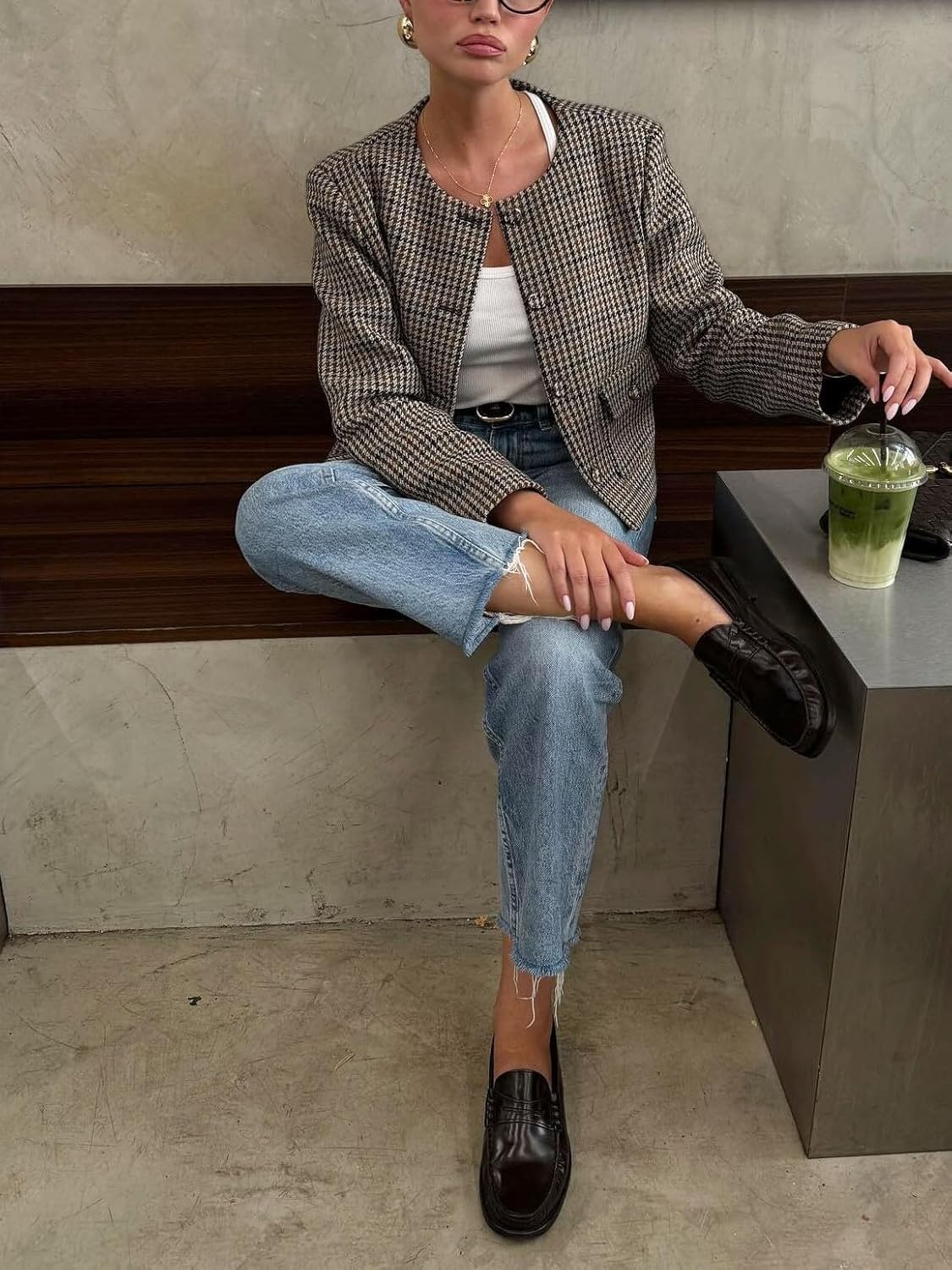 CHARTOU Women Houndstooth Cropped Coat Fall Vintage Plaid Round Neck Button Down Blazer Outwear Casual Jacket