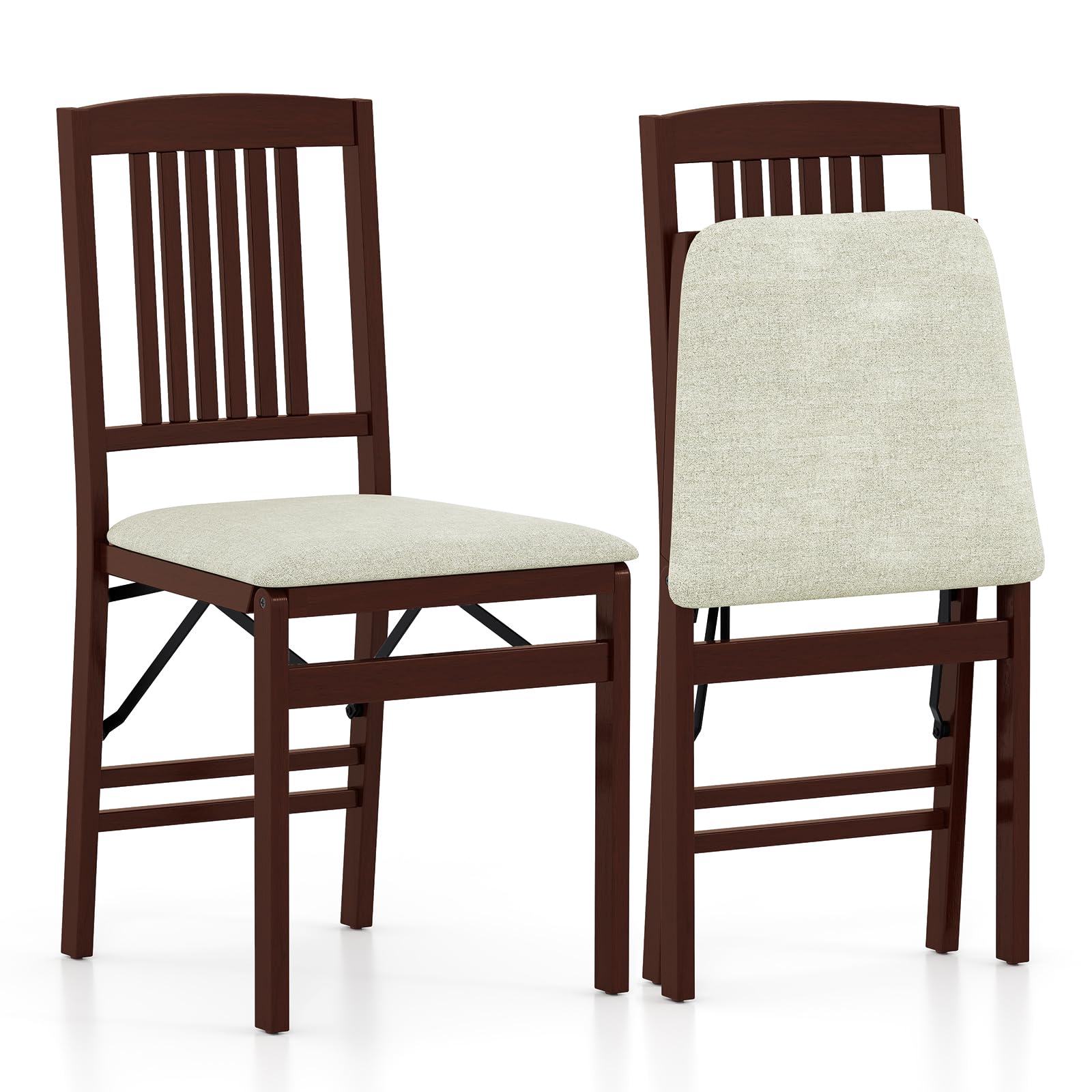 COSTWAY Folding Chairs Set of 2, Rubber Wood Counter Dining Chairs with Backrest & Padded Seat, Kitchen Office Conference Side Chair Seating (Linen Fabric Seat, Slatted Back, Beige + Brown)