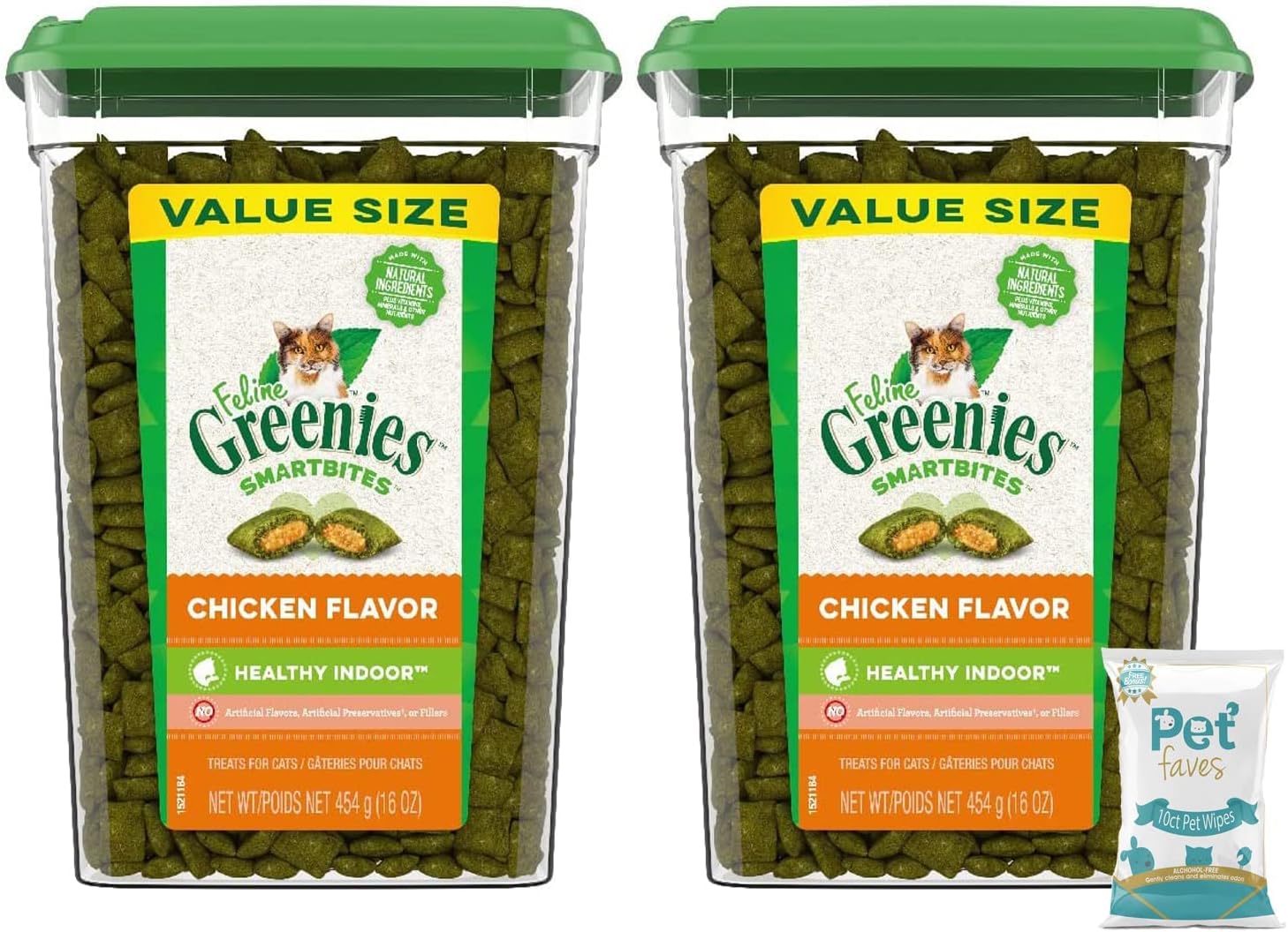Greenies (2 Tubs) Feline SMARTBITES Hair Indoor Control (previously Called Hairball) Chicken Flavor 16oz and 10ct Pet Faves Pet Wipes