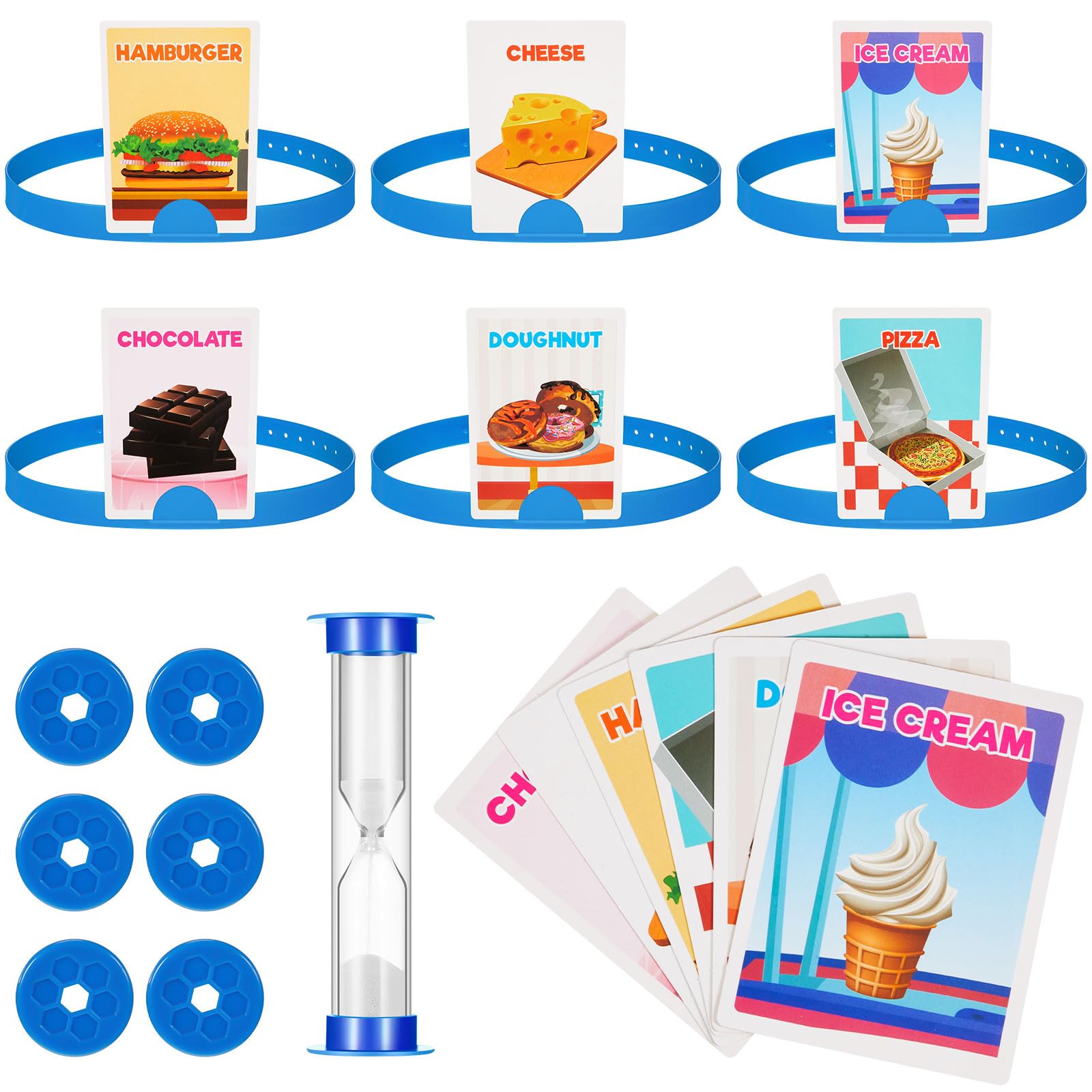 Sumind Headband Game Fun Heads Up Guessing Game Quick Question Cards Set Includes Headbands, Picture Cards, Scoring Coins, Sand Clock(Food Style)
