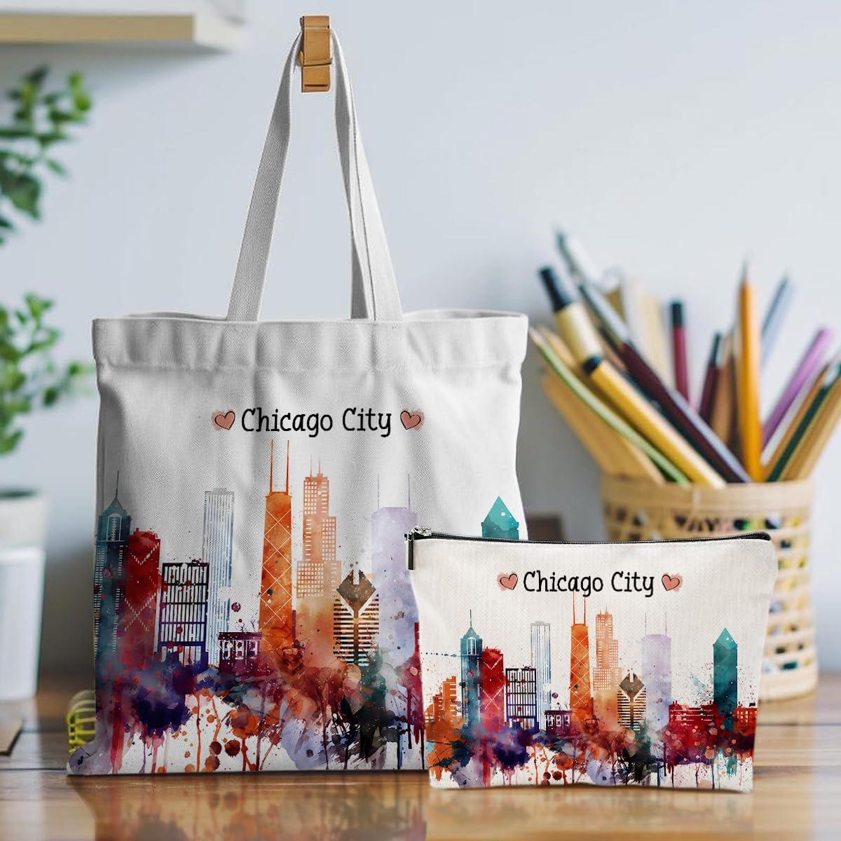 jeilink Las Vegas New York Chicago Paris Canvas Tote Bag Makeup Bag Set for Work Shopping Travel Birthday Christmas