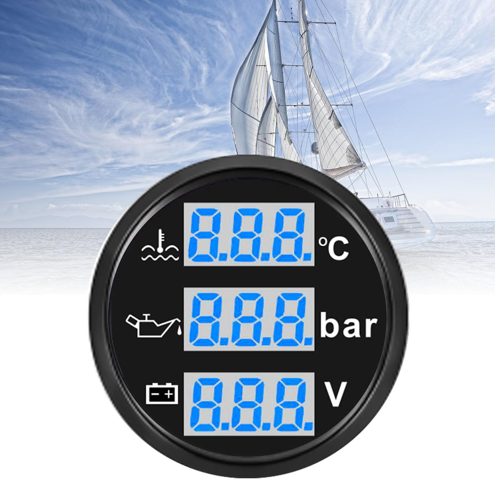 Voltímetro de Presión de Aceite y Temperatura del Agua para Barcos, 52mm | 3 en 1 Pantalla digital, IP67 Prueba de Agua, Multifunctional Juego de Calibre Triple para Vehículos Base Negra Marco Negro