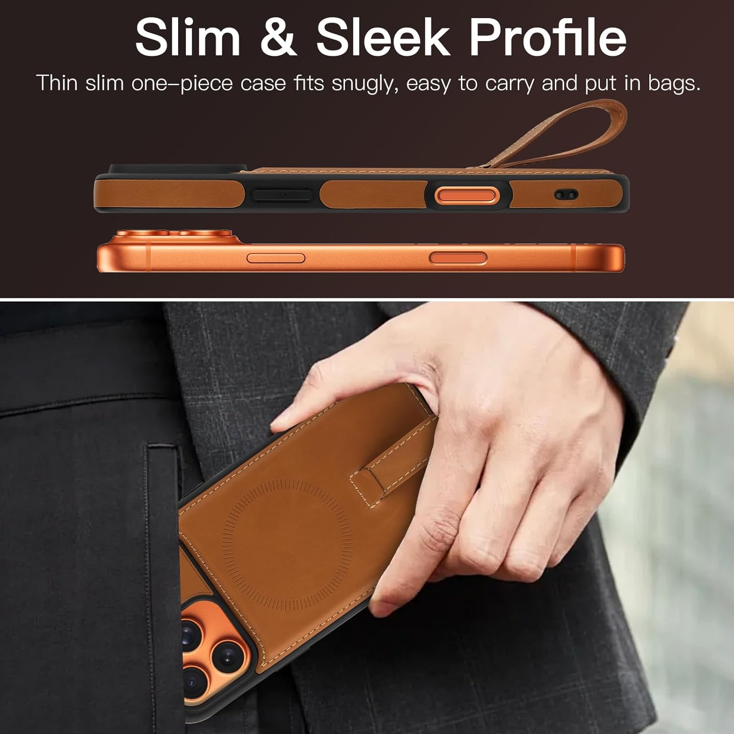 Magnetic for iPhone 17 Pro Leather Case, Compatible with Magsafe, Strap Finger Strap Phone Cover for Men (Brown,iPhone 17 Pro). - Image 4