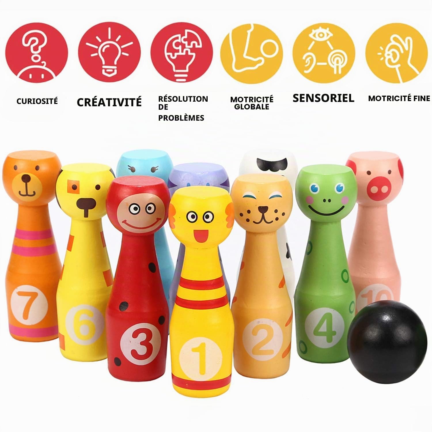jacootoys Jeux de Quilles en Bois 10 Animaux Poupées Broches avec 2 Balles Plein Air Jouet Cadeaux pour Enfants Garcon Fille 3 4 5 Ans
