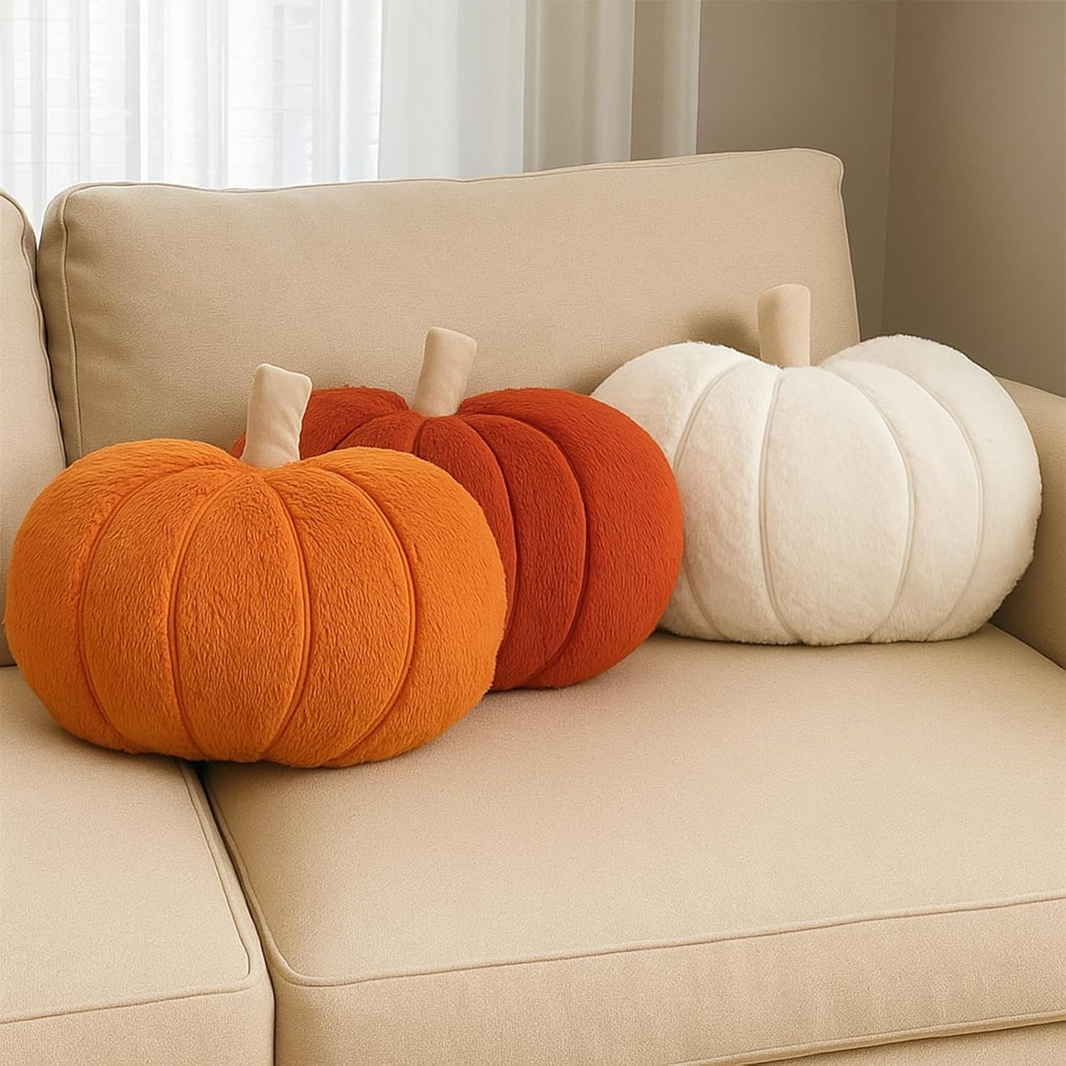3 Pcs Decorative Pumpkin Pillows, Thanksgiving 3D Pumpkin Shaped Throw Pillows Plush for Autumn Fall Bedroom Sofa Couch Supplies Thanksgiving Decorations
