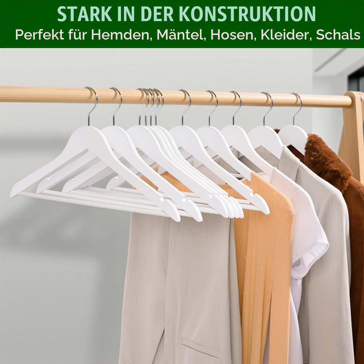 Amber Home 20 Stück 44,5cm Kleiderbügel aus Holz, Weiß | Rutschfest Stange für Hose, Aufhänger für T-Shirt, Hemd, Anzug, Mantel, Kleid, Trägertop
