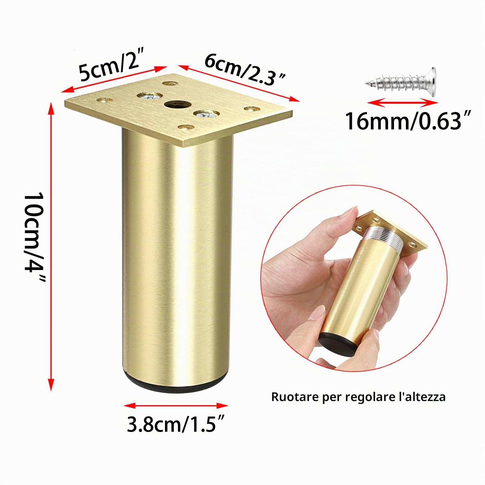 SUMTree 10 cm, 4 piedini per mobili in lega di alluminio, gambe per sedie, tavolo, armadio, scrivania, divano, gambe con viti, montaggio semplice rotondo (oro)