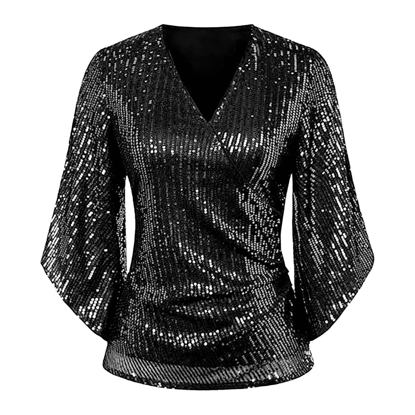 Camiseta con lentejuelas para mujer, talla grande, manga con volantes, camiseta informal holgada, alta color liso, camiseta de fiesta, camiseta de carnaval, camiseta de mujer, cuello en V, chic