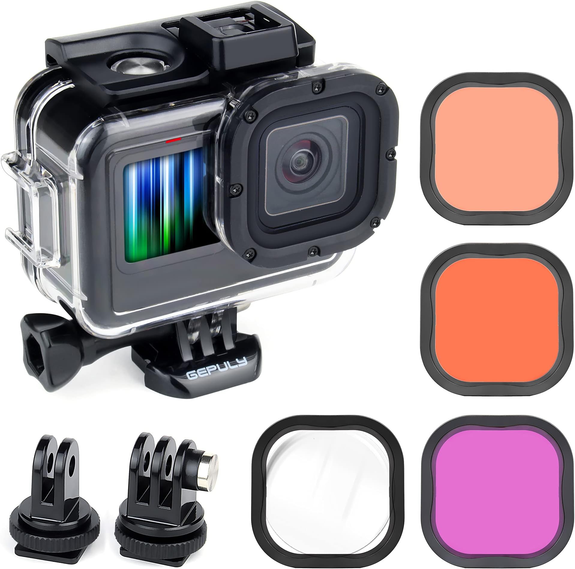 GEPULY 196FT/60M Waterproof Case with Dive Filters for GoPro Hero 13 12 11 10 9 Black, Underwater Protective Dive Housing Case Shell with 4-Pack Filters Red, Snorkel, Magenta, 5X HD Close-up Filters