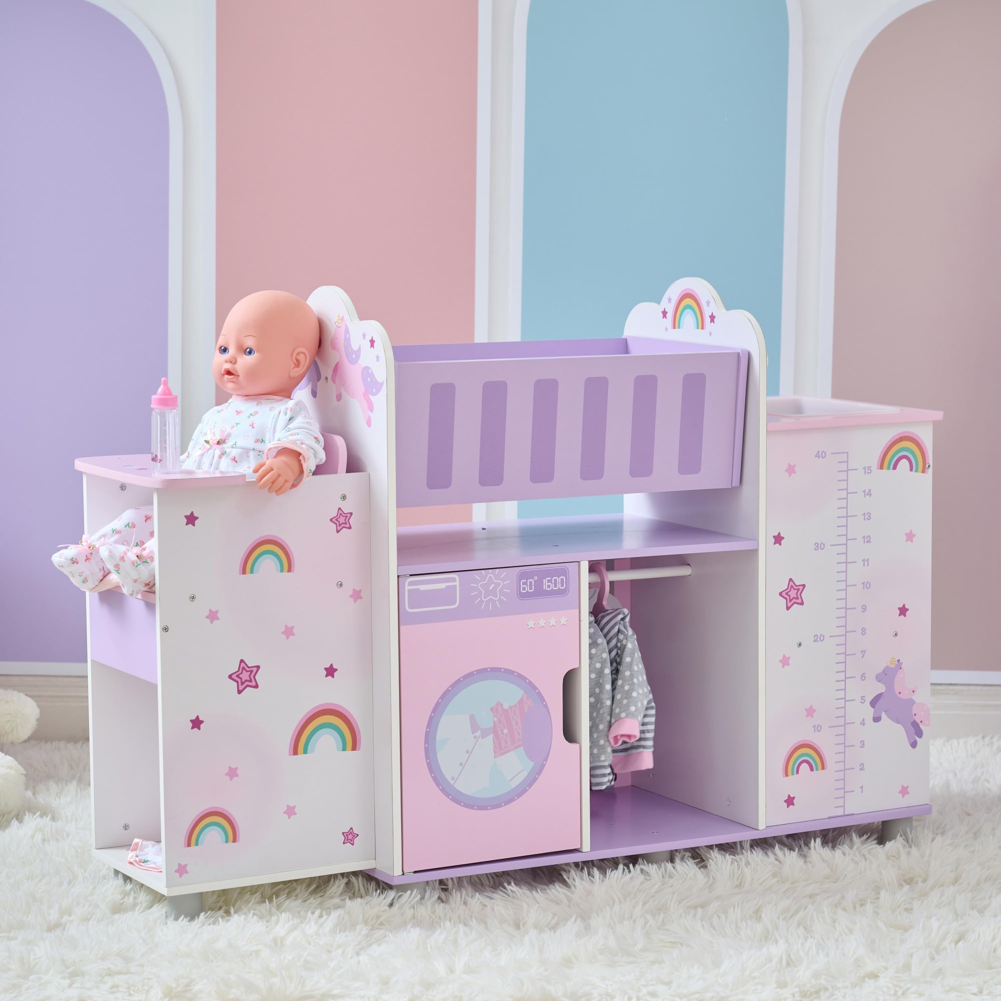 Olivia's Little World Nursery 6 w 1 drewniana lalka z łóżeczkiem, zlewem, wysokim krzesłem, szafką, pralką i wbudowanym przechowywaniem