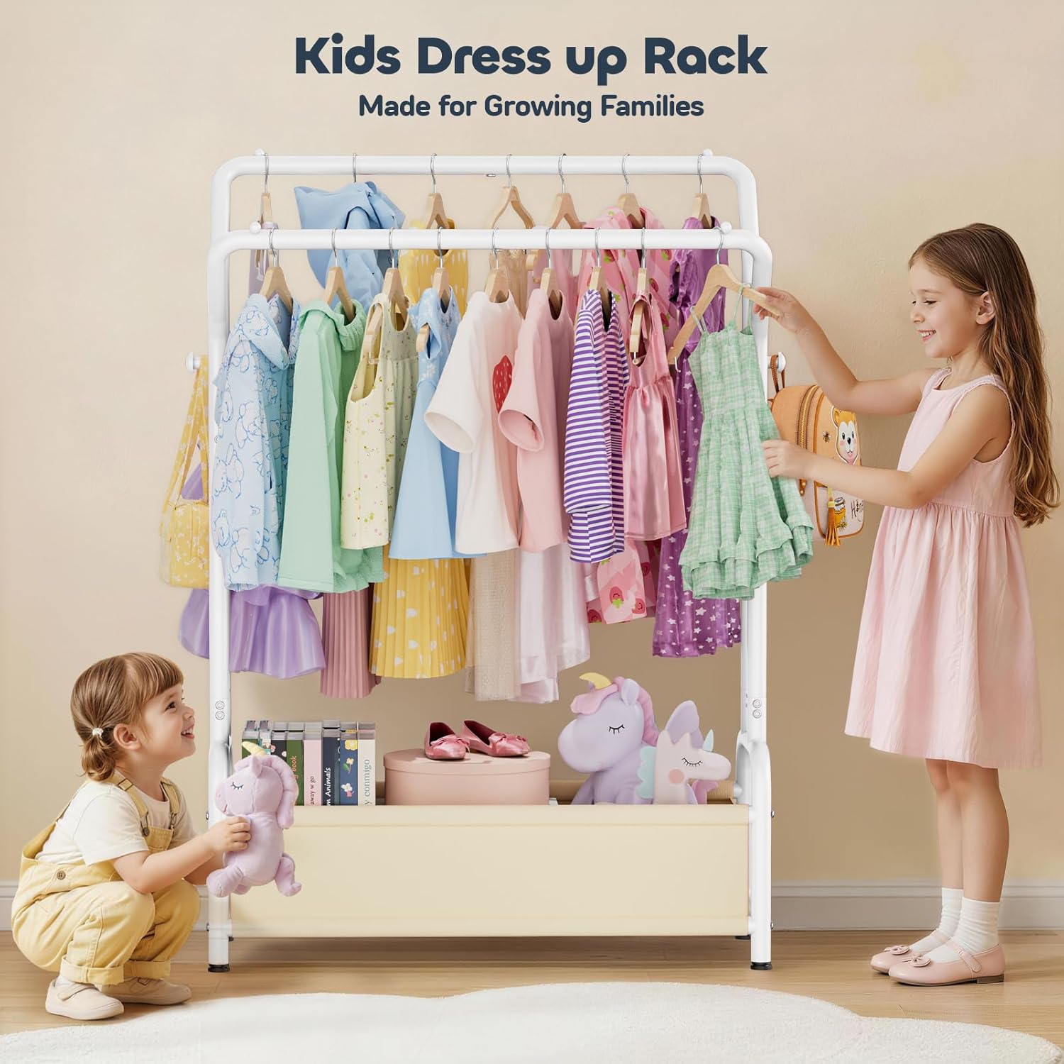 Upgraded Kids Clothing Rack: Dress up Storage Baby Toddler Coat Wardrobe Rack for Hanging Clothes, Small Portable Double Rod Garment Racks with Storage Shelf for Costumes, Princess Dresses, Shoes