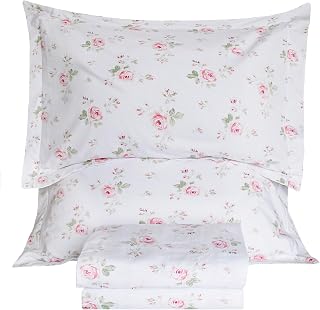 Lady Ann 100% Cotton Floral Queen Sheets Set Deep Pockets, Shabby Vintage Chic Printed Bed Sheets Rose Flower Pattern Cotton Bedding Sheets 4Pcs Extra Soft and Breathable Botanical Sheets