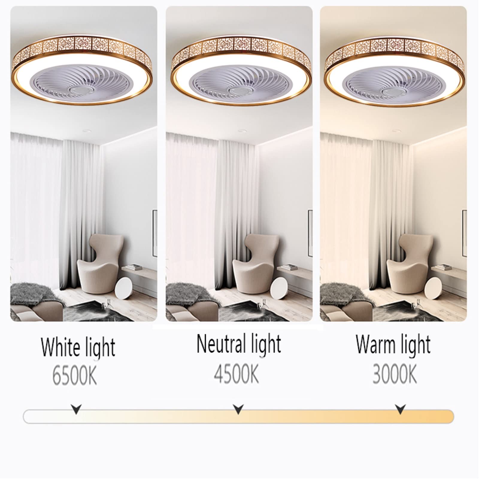 ceiling fans with lights??îbladeless Three-Color Fan Light??îInvisible Mute Bedroom 3-Level Wind Speed Remote Hidden Electric Fan??î Suitable for Living Room Study with low profile ceiling fan (Gold)