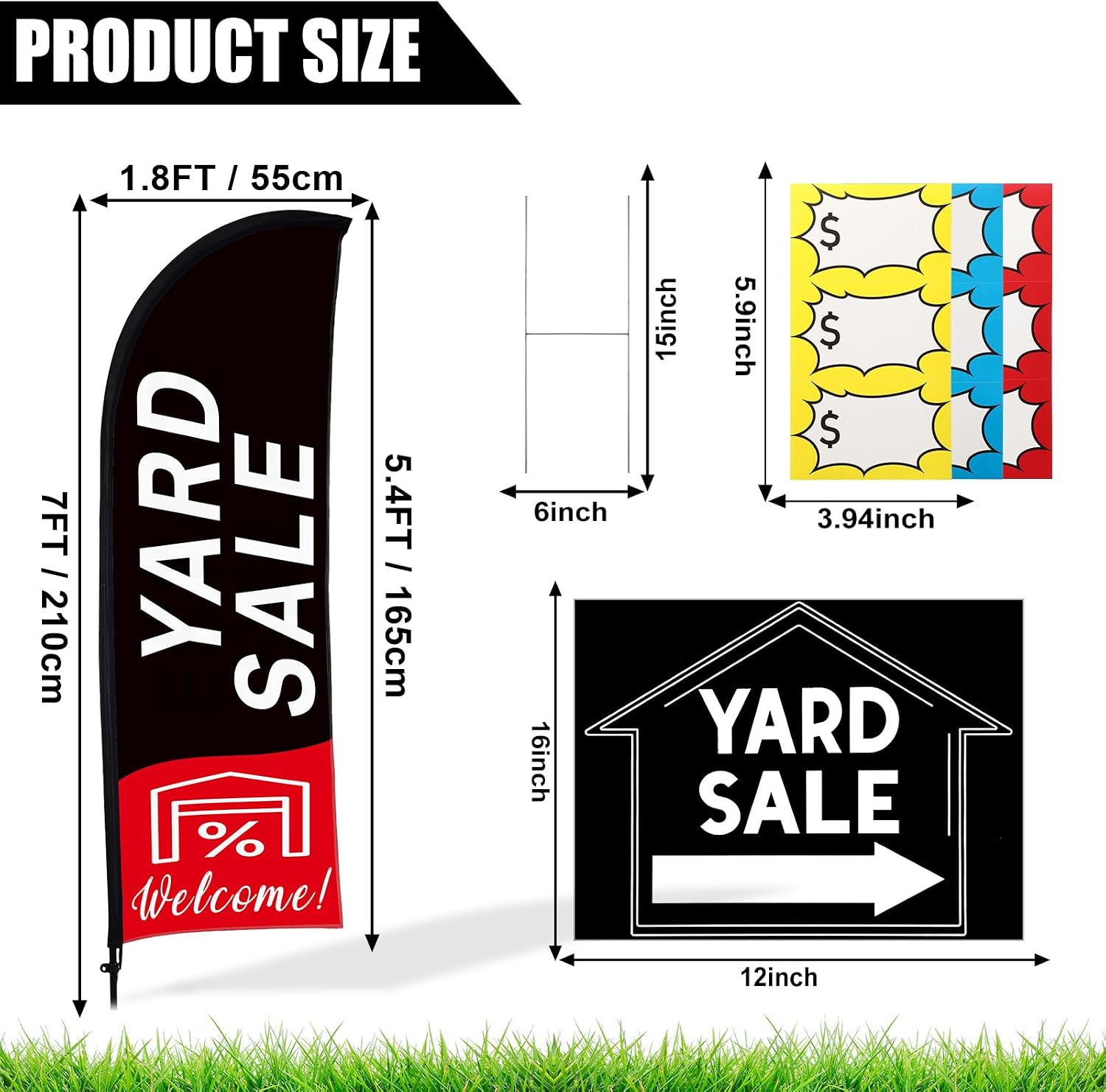 Buryeah Yard Sale Feather Flag Signs Set, 1 Pack 7ft Yard Sale Banner with Pole Kit, 3 Pack Double Sided Yard Sale Signs with Stakes, 150 Count Large Item Pricing Stickers(Black)