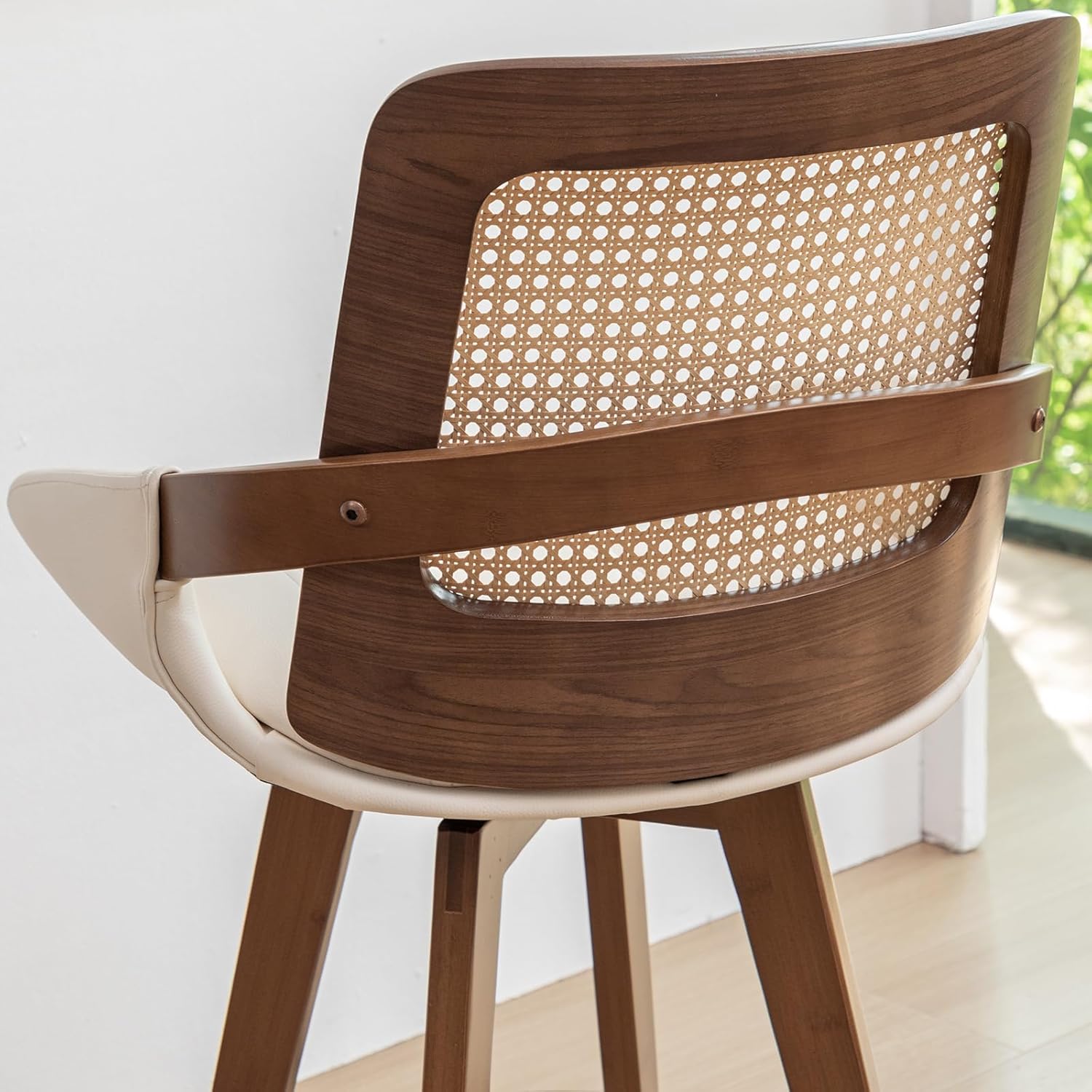 Set of 2 Mid Century Modern Counter Stools - 26.4 inch Rattan Swivel Counter Stools with Cane Back, Upholstered Faux Leather, Walnut Craftsmanship, Ideal for Island/Pub/Kitchen(26" Seat Height, Beige)