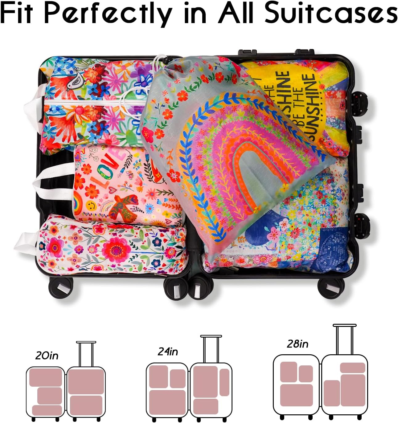 6 Set Compression Packing Cubes for Travel,Bohemia Packing Cubes for Suitcase Luggage Organizer Bags,Travel Essentials for Carry on Backpack,Ultralight and Waterproof (Colorful Flowers)