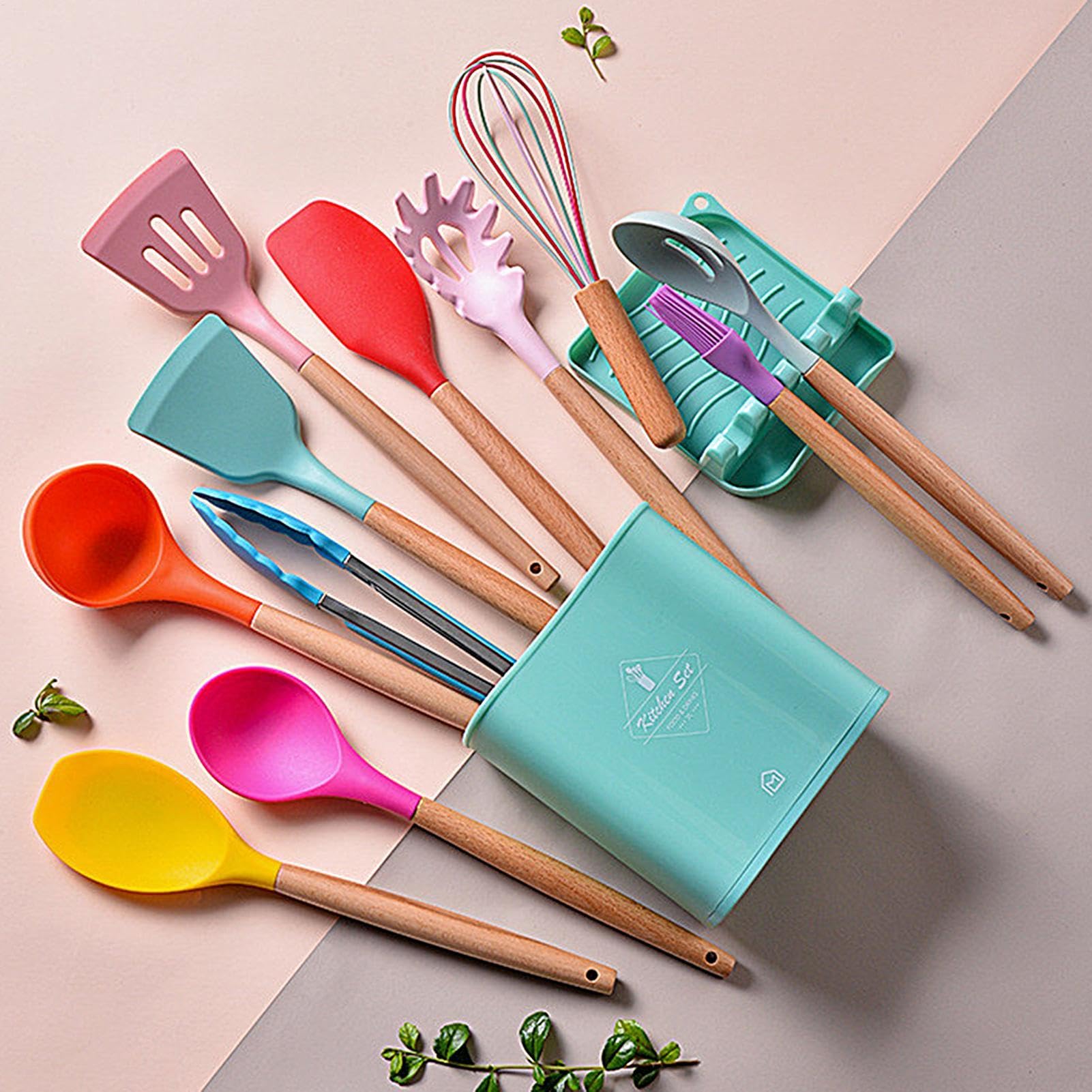 Kit Utensilios Cocina Silicona 12 Piezas Mango Madera Resistente Calor | Silicona Accesorios Cocina Antiadherentes BPA Libre Resistentes Arañazos Alimenticio Ergonómicos Fácil Limpieza