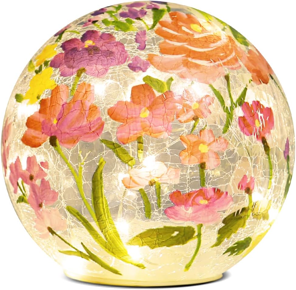 Glass Ball Light Crackle LED Night Light Flower Grass Pattern Globe Glass Table Lamp, Orb Cardinal Night Light for Outdoor Decorations Pathway Patio Yard Lawn Bedroom - 1 Pack