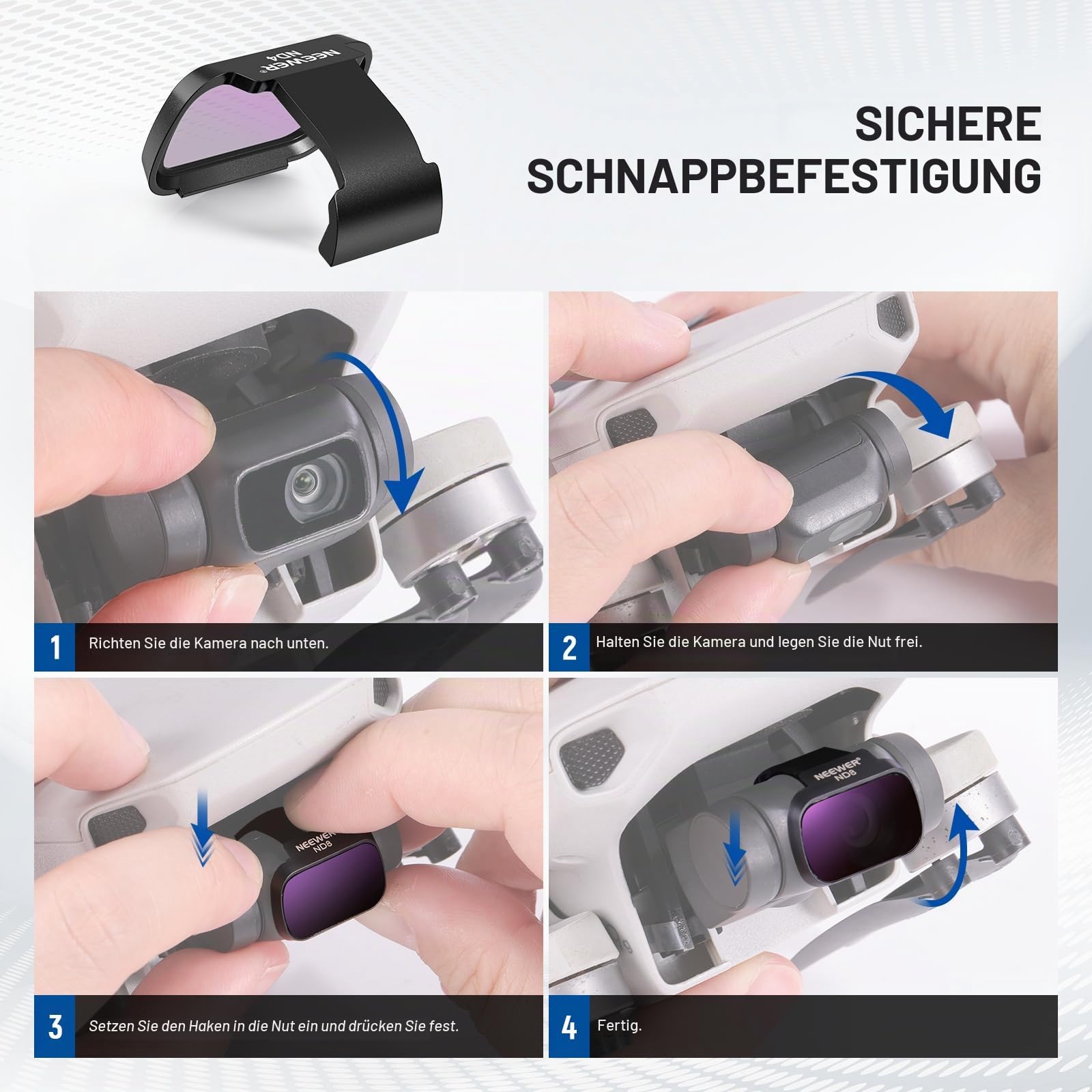 NEEWER ND Filter Set Kompatibel mit DJI Mini 4K/2 SE/SE/2/Mavic Mini (4 STK.) ND4 + ND8 + ND16 + ND32 Snap On Mehrschichtige HD Optisches Glas Neutraldichte Kamera Objektiv Filter Zubehör, FL-B39