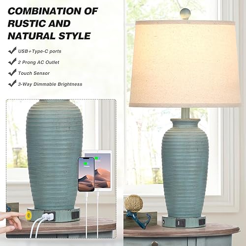Miniatura 4 de Juego de 2 lámparas de mesa con tarro de granja de 25 pulgadas, control táctil de 3 vías, lámparas de noche rústicas con puertos USB A+C y salida