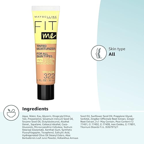 Miniatura 10 de Maybelline Fit Me Crema hidratante tintada, cobertura natural, maquillaje facial, 322, 1 unidad