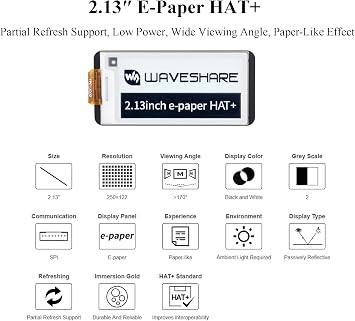 2.13inch E-Paper HAT+ for Raspberry Pi 5 4B 3B+ 3B Zero W Zero 2 W Jetson Nano, E-Ink Display 250x122 SPI Interface HAT+ Standard with Pwnagotchi Tutorial Support Partial Refresh