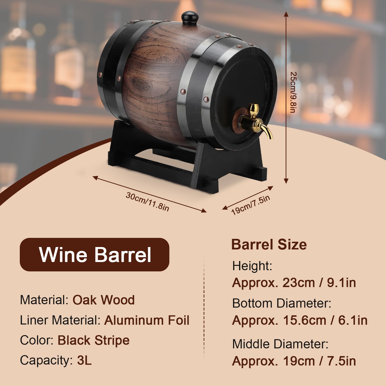 Holz Whiskyfass 3 Liter Vintage Eiche Weinfass mit Zapfhahn und Stand, Oak Whiskey Fass Spender für Wein, Bier, Rum, Spirituosen, Gin, Bourbon, Tequila
