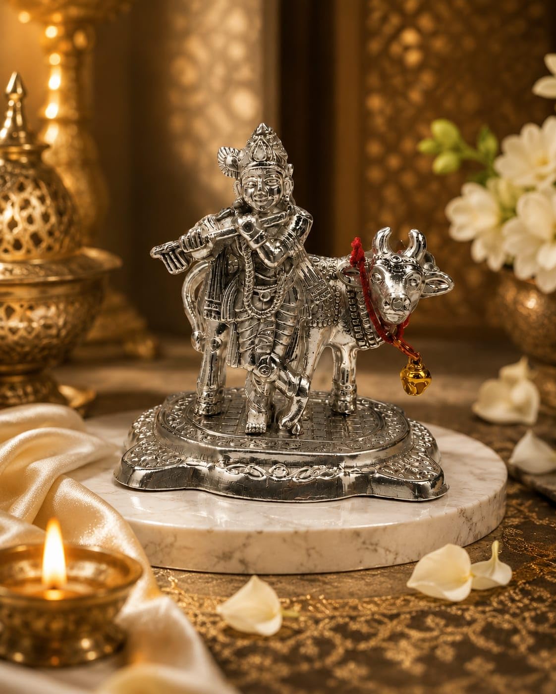 German Silver Krishna Idol, Kamdhenu Cow Statue, Krishna murti, Home Temple Decor, Pooja Idol, Hindu god Statue, Janmashtami Gift, Vastu showpiece, Religious Gift, mandir Decor-image-26