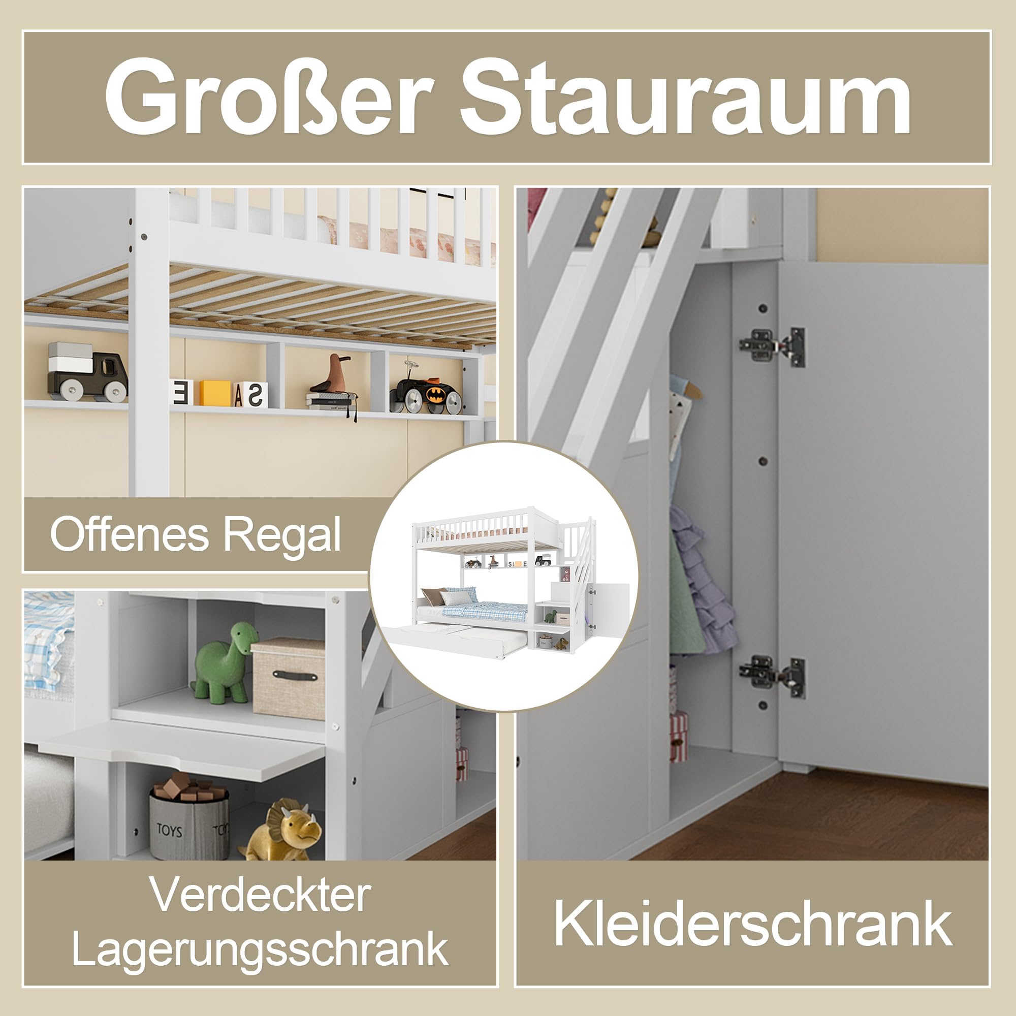 Merax Etagenbett Kinderbett 90x200 cm, Hochbett mit Ausziehbett, Kleiderschrank, Ablageleiter und Regal - Bettgestell mit Lattenrost (ohne Matratze), aus Kiefernholz, Weiß