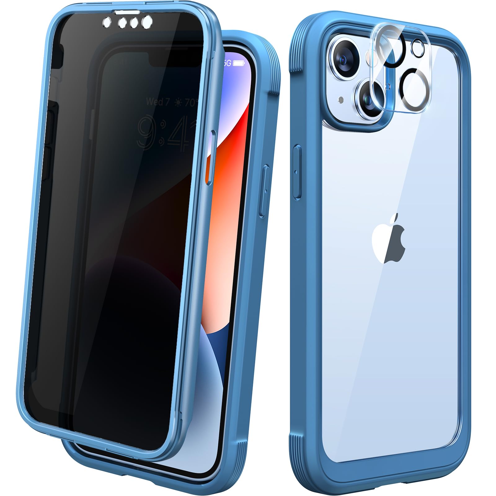 Diaclara Designed for iPhone 14 Case 6.1 Inch,Upgraded Full Body Rugged Clear Bumper Case with Built-in Privacy Screen Protector for iPhone 14,Blue