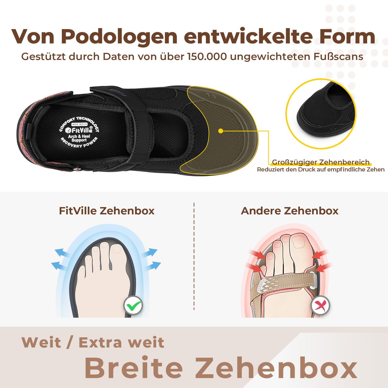 FitVille Extra Weite Mary Jane Sandalen Damen Sommerschuhe mit Klettverschluss Pflege Walking Schuhe Senioren Leicht Halbschuhe Senioren Atmungsaktive Freizeit Reise Vorne Geschlossen für Breite Füße