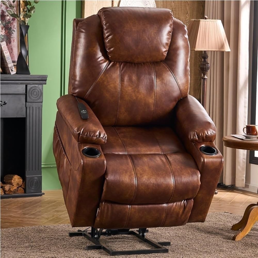 Electric Lift Recliner Chair for Elderly with Heated Massage USB Type C Port Cup Holders Comfortable Adjustable PU Faux Leather Living Room