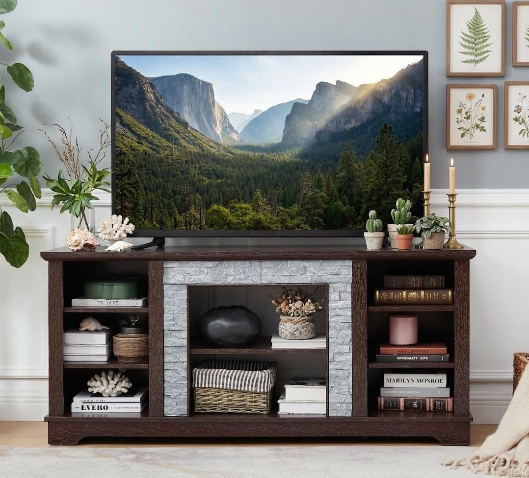 58" Modern TV Stand with Realistic Stacked Stone Surround, Entertainment Center with Storage Space, Wooden TV Console Table for TVs Up to 65", Rack for Living Room (Cherry, 58 inch)