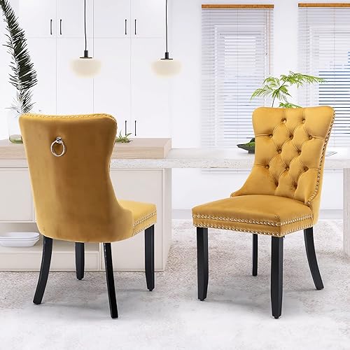 Miniatura 78 de Juego de 6 sillas de comedor de terciopelo, sillas de comedor tapizadas acolchadas con ribete de tachuelas y patas de madera maciza para cocina,