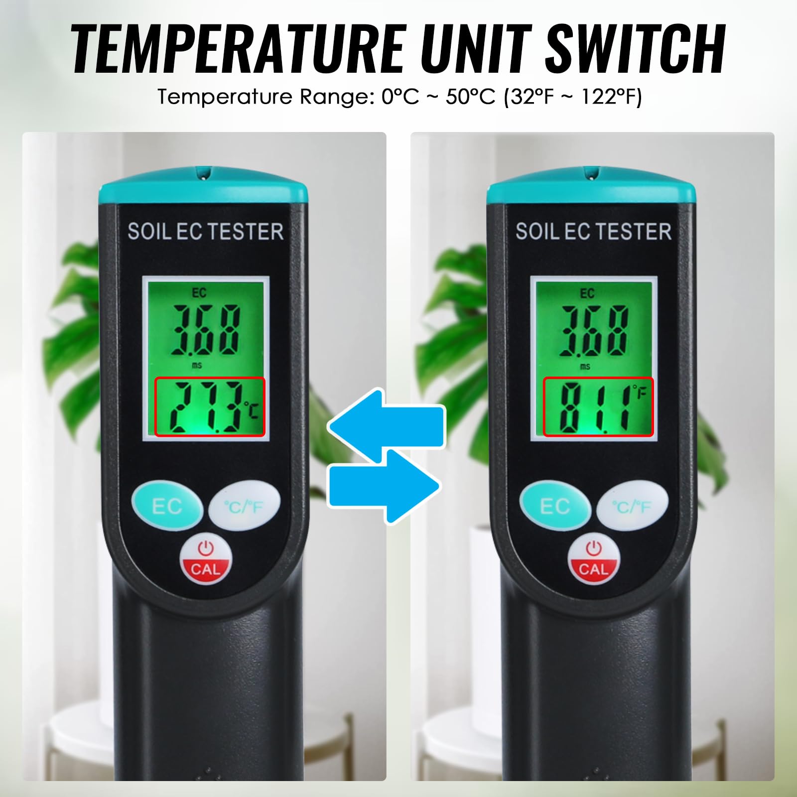 TEKCOPLUS Digitales Bodenmessgerät mit Corde-Sensor, 2-in-1 Boden-EC- & Temperaturmessgerät Tester mit ATC-Funktion, einfache Kalibrierung, hintergrundbeleuchtetes LCD-tragbares EC-Messgerät für