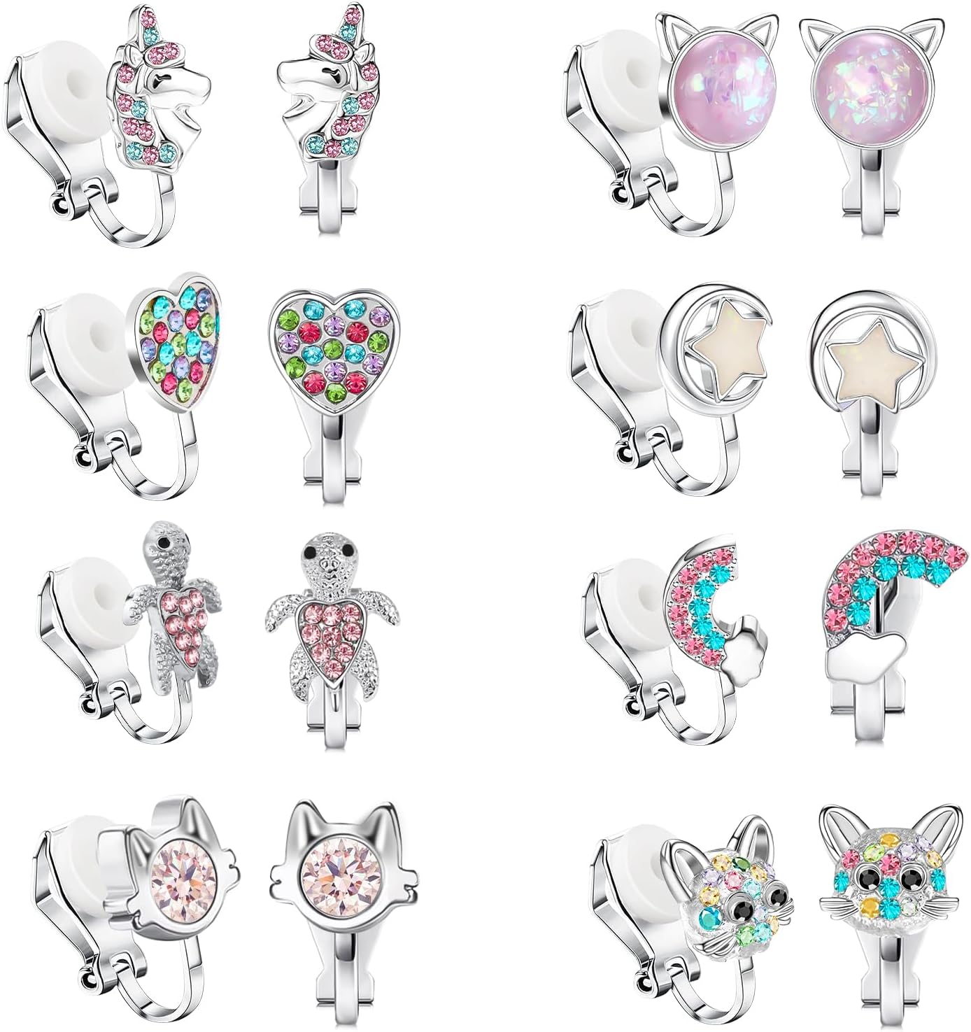 Yowivon Clip on Earrings for Girls Women Silver Non Pierced Cubic Zirconia Cute Earrings Heart Star Butterfly Flower Pearl Ball Colorful Hypoallergenic Stud Earring Set for Teen