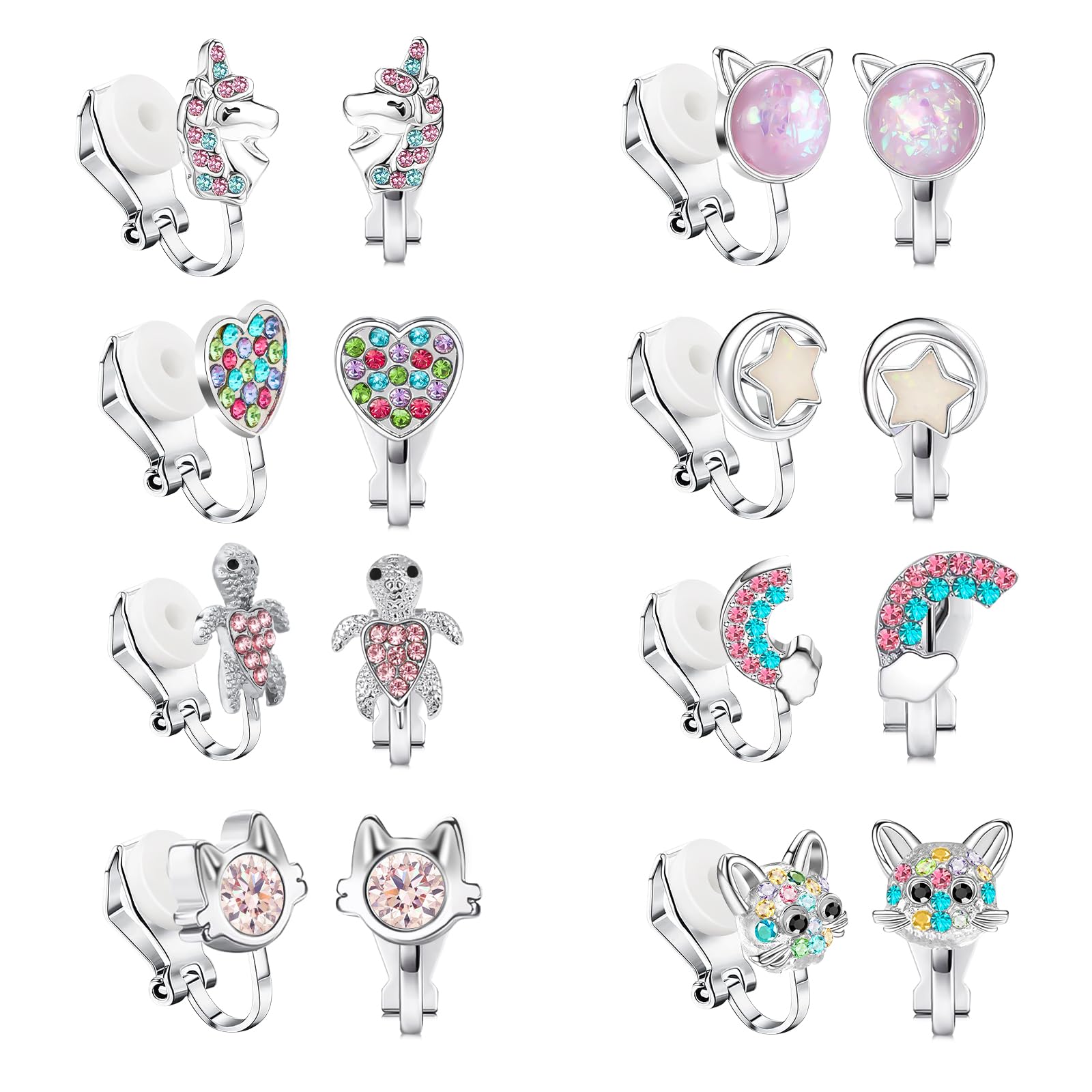 Yowivon Clip on Earrings for Girls Women Silver Non Pierced Cubic Zirconia Cute Earrings Heart Star Butterfly Flower Pearl Ball Colorful