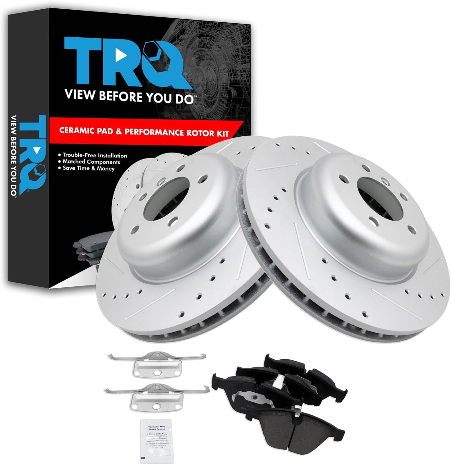 TRQ Front Performance Brake Pad & Rotor Kit Brake Pads Brake Rotors Set Ceramic Premium G-Coated Compatible with 2008-2010 BMW 535i 2004-2005 545i 2006-2010 550i 645Ci 650i