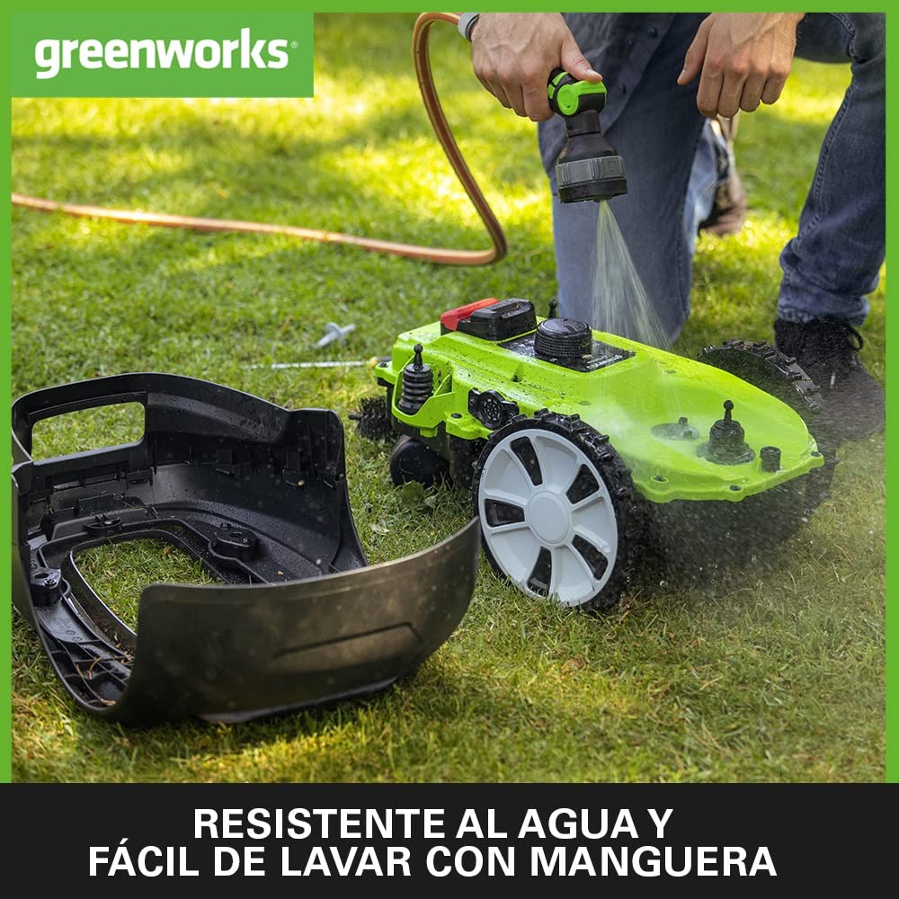 Greenworks Optimow M robot cortacésped para áreas hasta 500m2, pendiente 30%, muy silencioso, control bluetooth, características de seguridad avanzadas, protección robo, 3 años de garantía