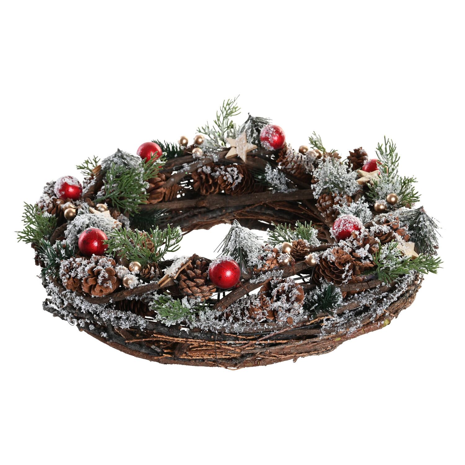 Couronne rotin Noël 41 cm rouge enneigé pommes de pin décoration porte