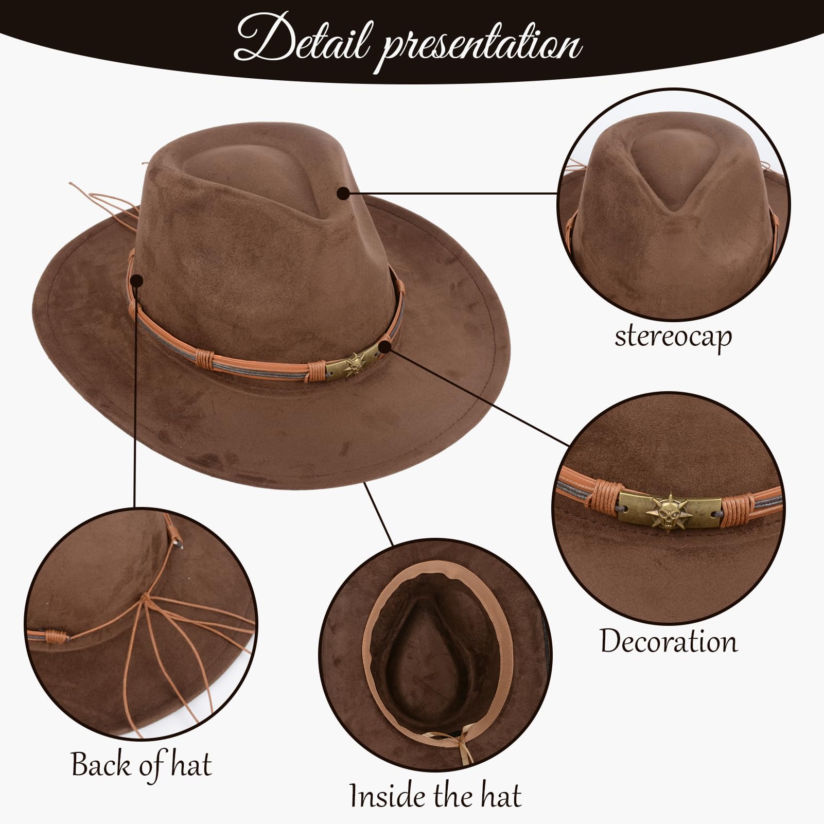 Cowboy-Hut für Damen und Herren - Breitkrempiger Outdoor-Suedehut in klassischem Kaffeebraun (Kunstleder)
