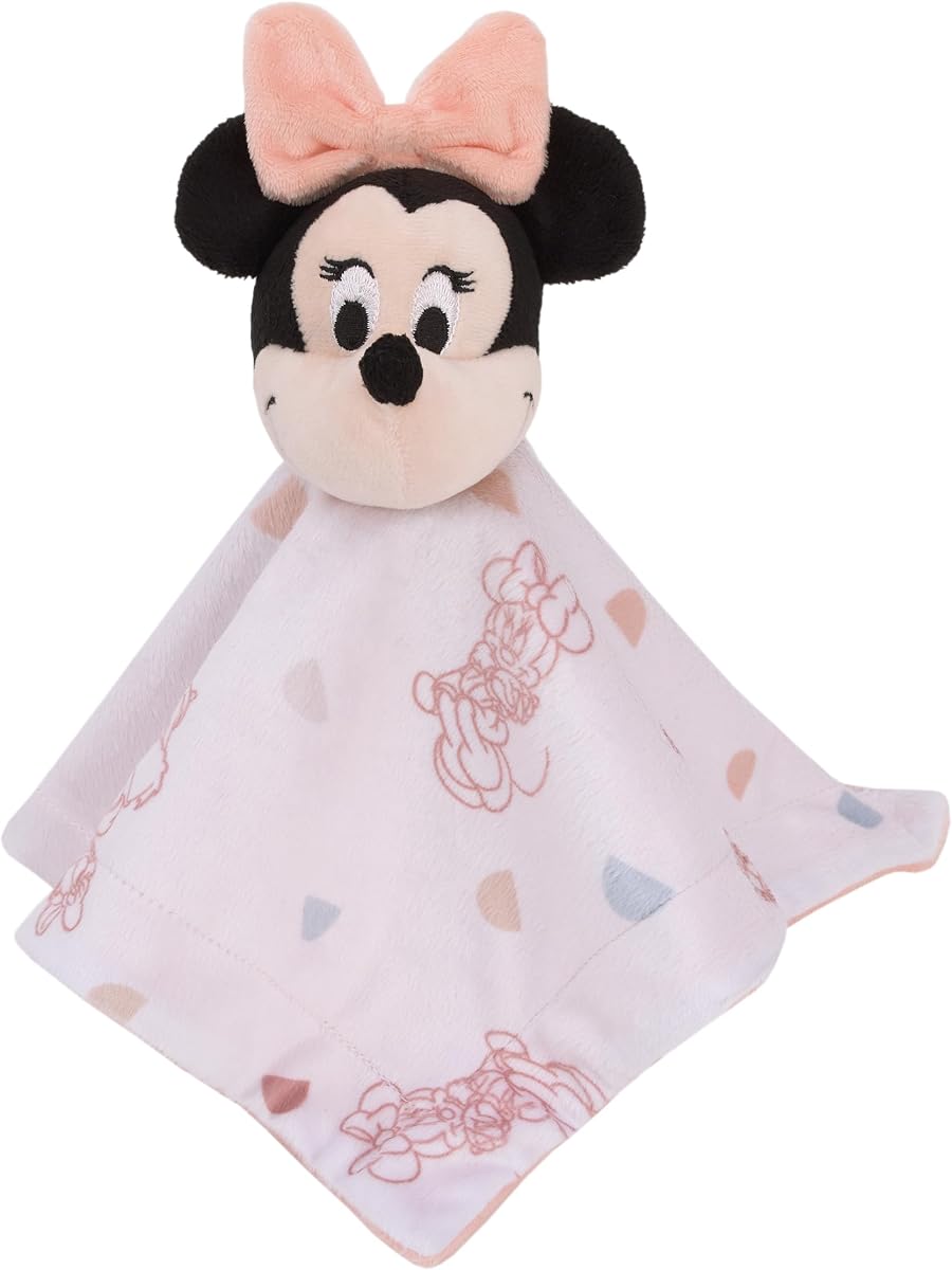 NoJo Disney Minnie Mouse White, Light Blue, and Peach Super Soft Security Baby Blanket with Plush Minnie Mouse Head