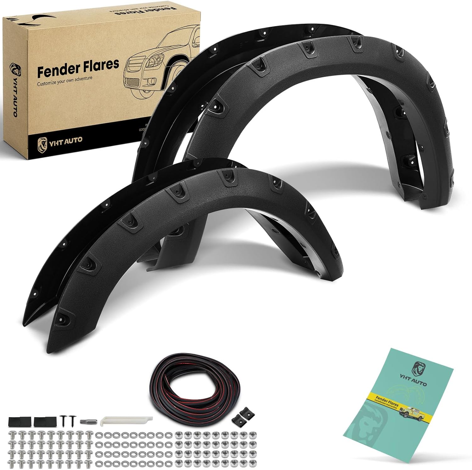 YHTAUTO Pocket Bolt-Riveted Fender Flares for Dodge Ram 2500/3500 2019-2024 - Textured Matte Black Set of 4 w/Hardware, Non-Dually